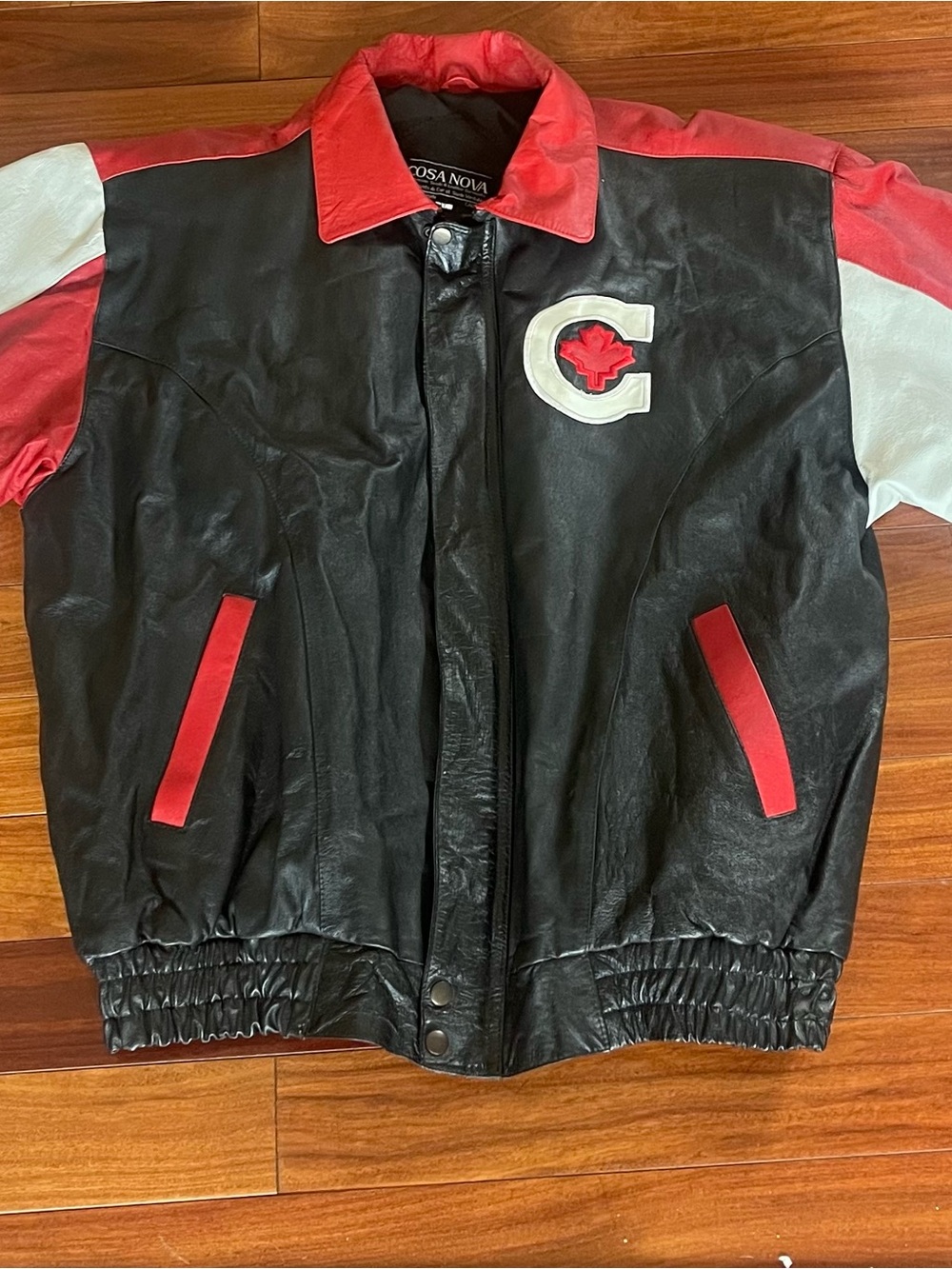 Black Leather Varsity Bomber Jacket with Red & White Accents